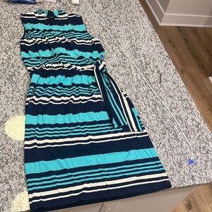 Ann Taylor Teal and Navy Striped Midi Dress